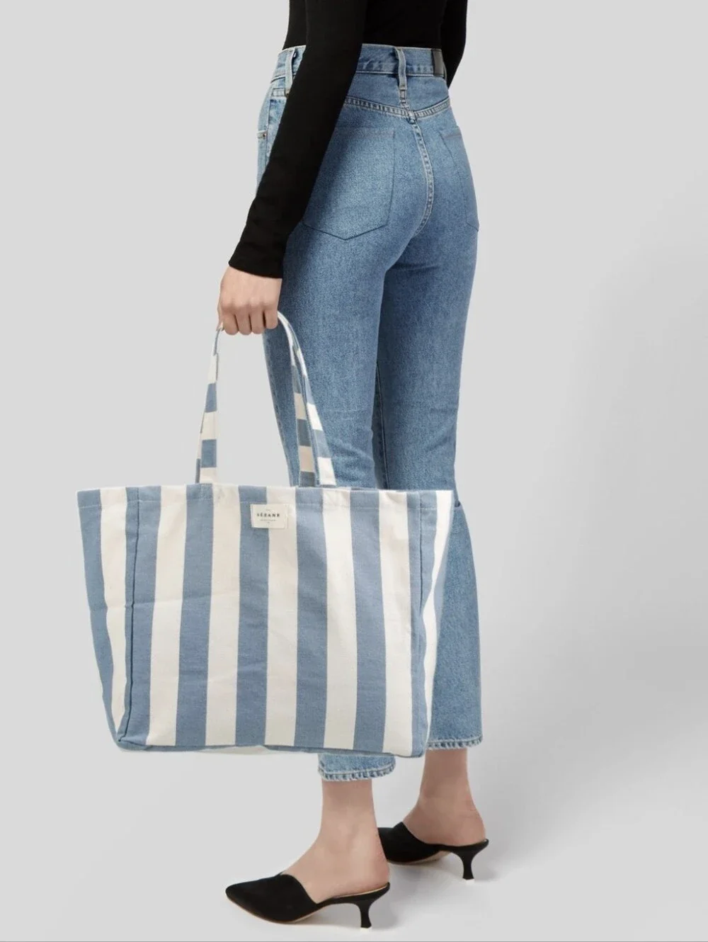 Sézane Blue and White Striped Messenger Tote